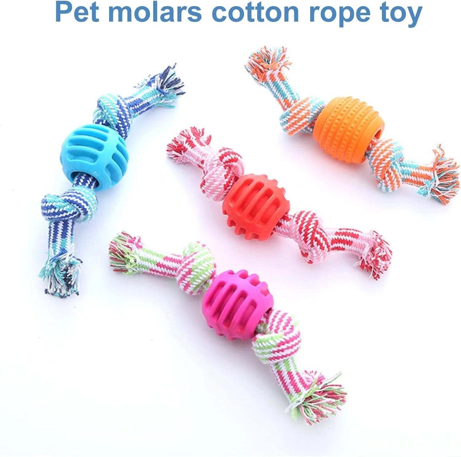Blue dog chew toy with molar design and rope elements for teeth cleaning and interactive play