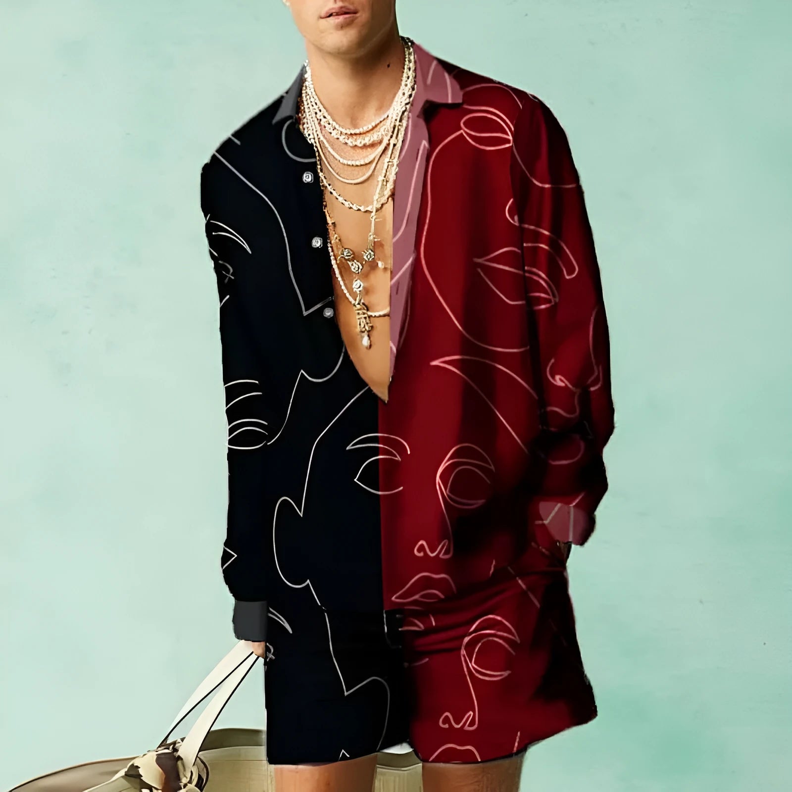 Men's casual summer outfit featuring a slim-fit long sleeve shirt and matching shorts in light blue.