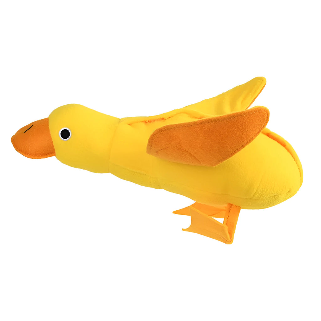 Yellow plush dog toy with attached rubber duck and a treat slot on a white background.