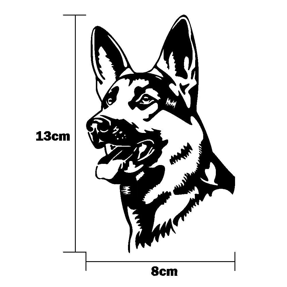 Reflective Alsatian German Shepherd silhouette car sticker on a white background, 13cm by 8cm.