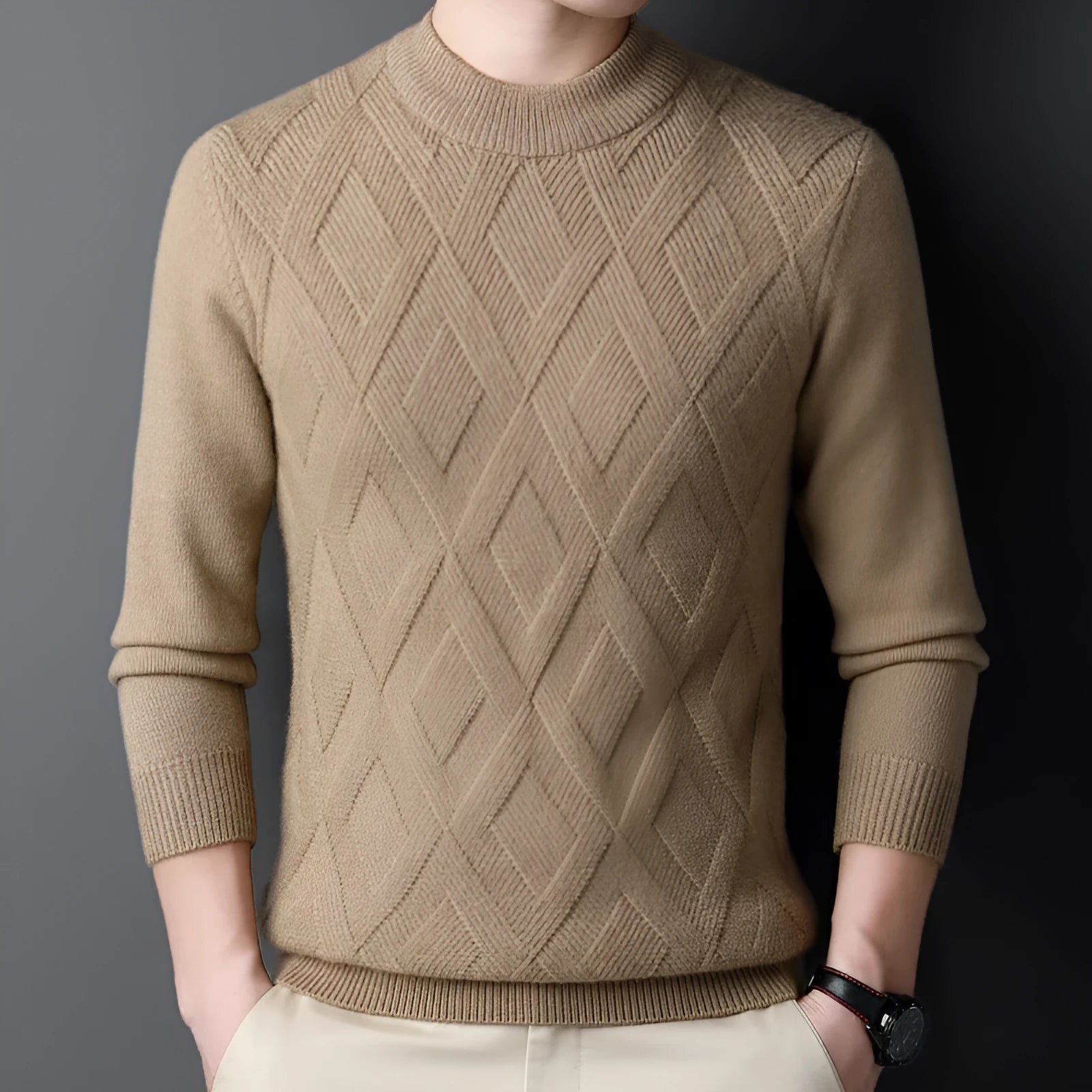 Men's grey diamond jacquard pattern wool blend heavyweight pullover sweater on a hanger.