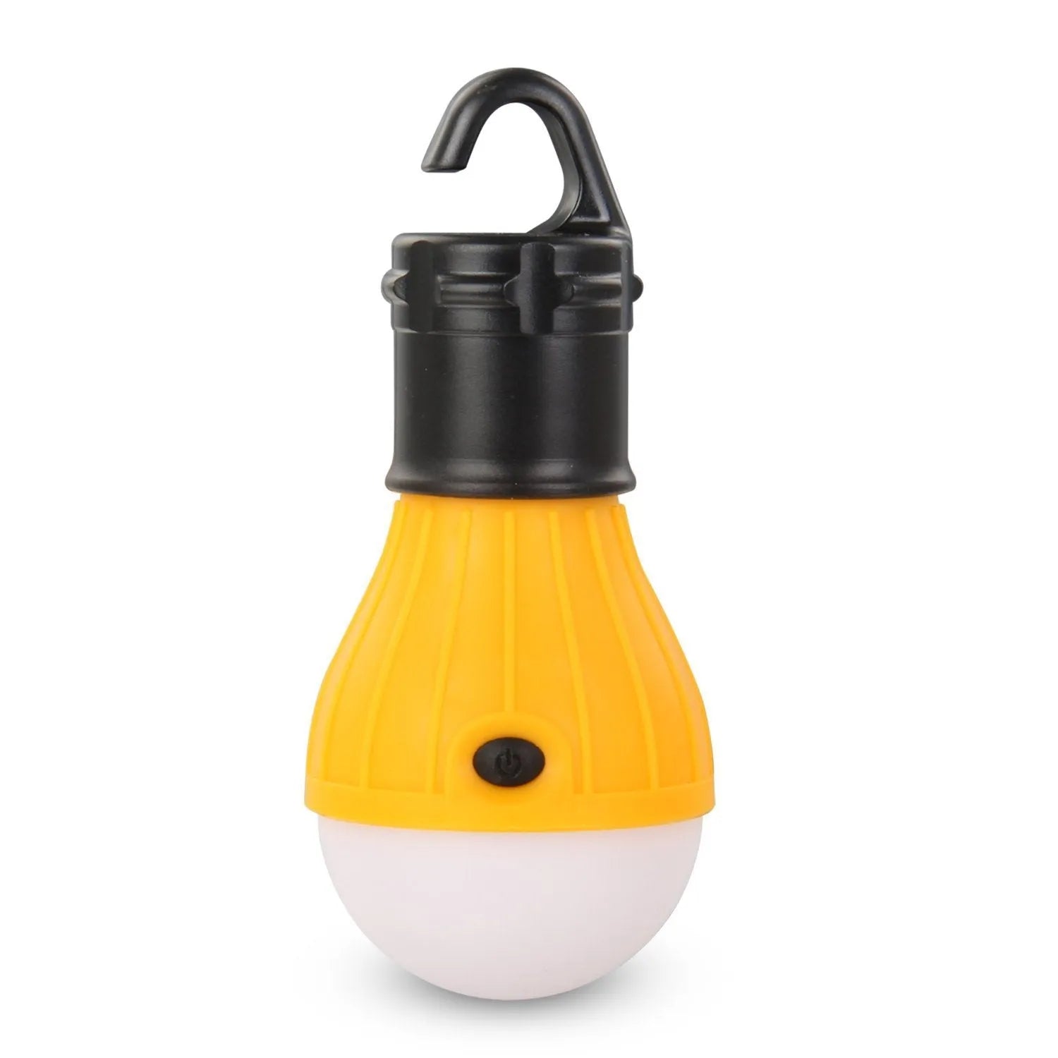 Blue portable LED camping light with a black hanging hook, showing its compact size.