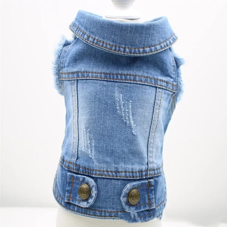 Dark denim dog vest with a retro scratch pattern print on the front, modelled on a small dog.