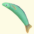Saury fish-shaped cat kicker toy in bright colours with soft plush exterior