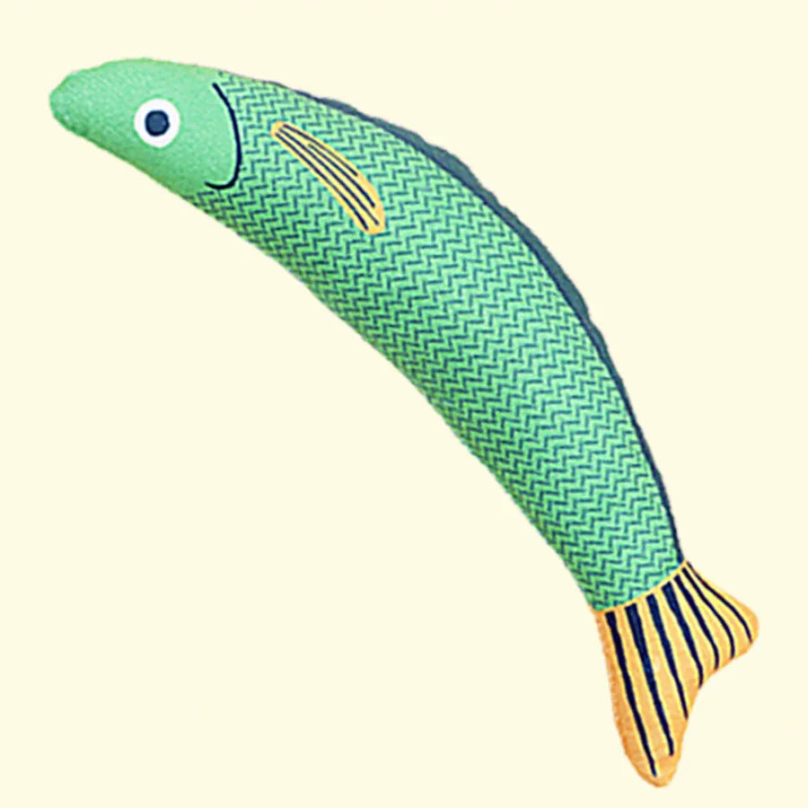 Saury fish-shaped cat kicker toy in bright colours with soft plush exterior