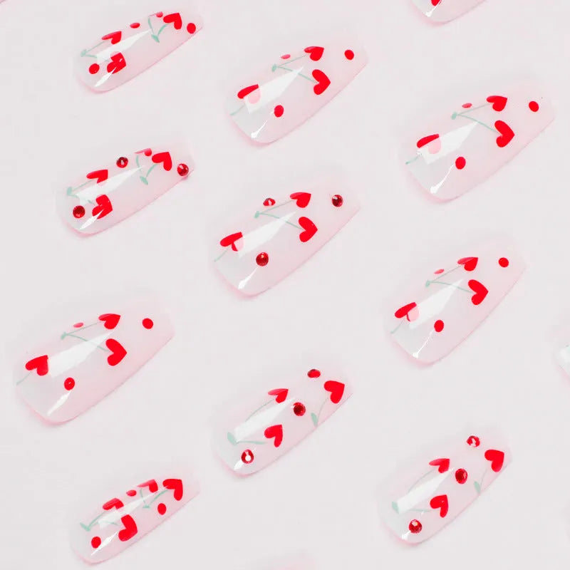 French love red diamond small cherry nail armour sheets set with 24 pieces and adhesive glue