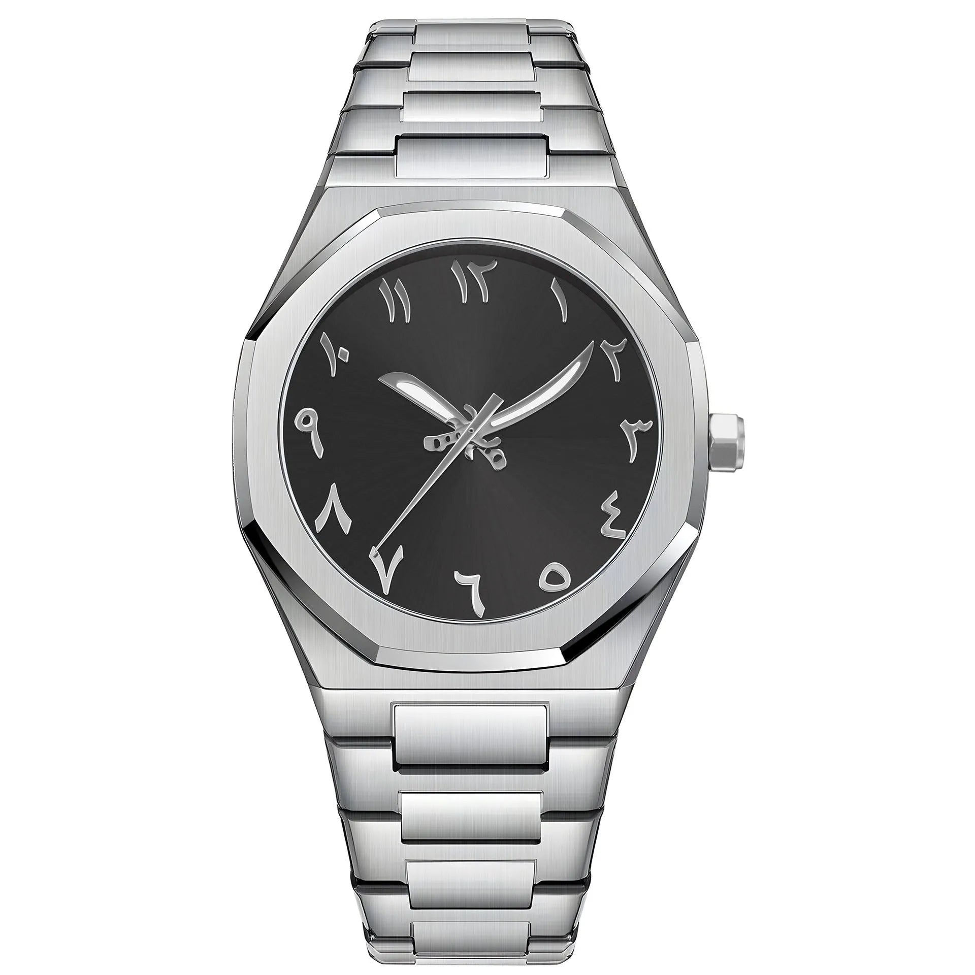 Men's business casual watch with steel strap and quartz display in black, silver, and scale colour options