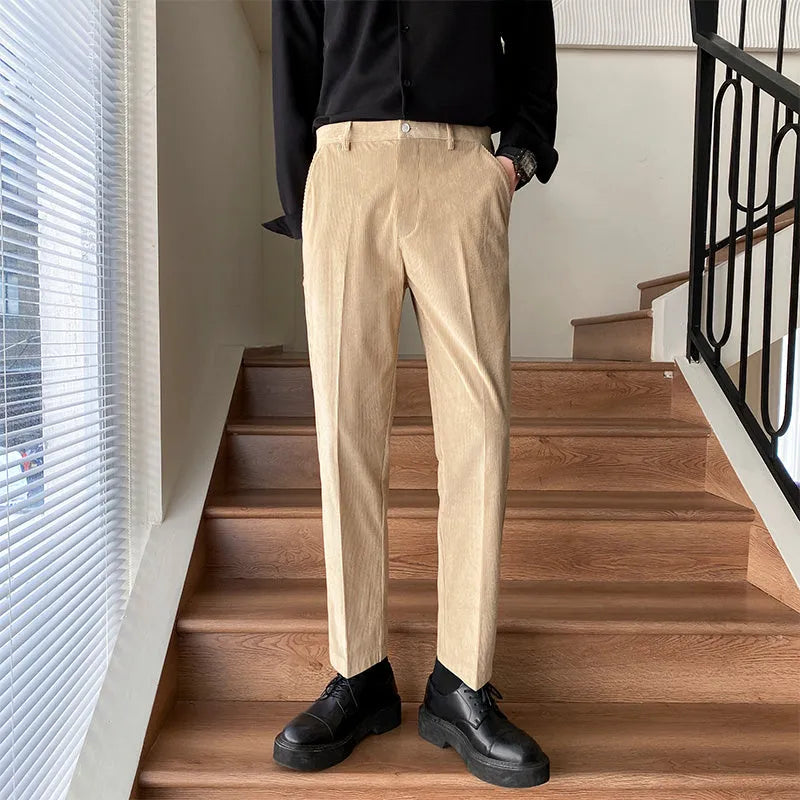 Non-ironing wool blend straight-leg trousers in black, ankle-length style for young men