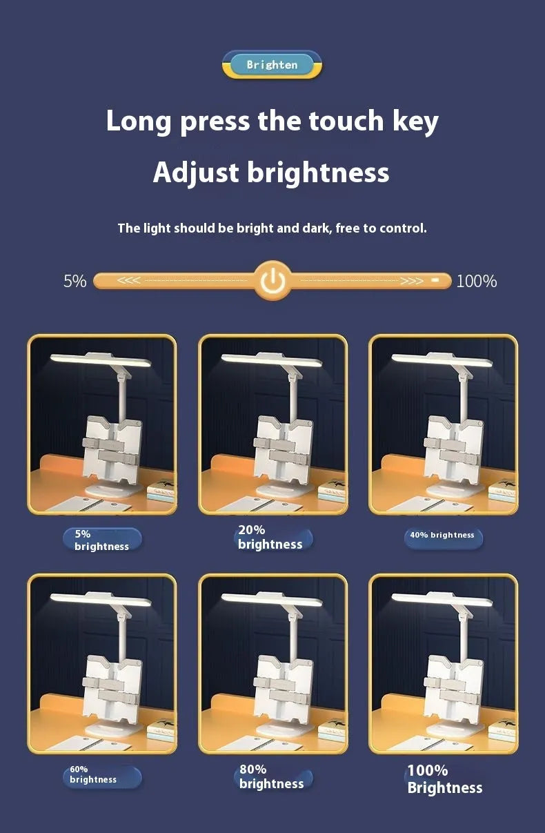 A white adjustable table lamp with a bookshelf design, shown on a desk, highlighting its dual-power and colour temperature features.