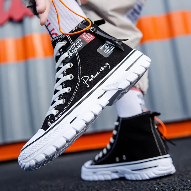 Men's high top canvas lace-up casual shoes in black, round toe, sizes 39-44