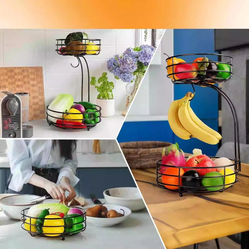 Black wrought iron double-layer fruit basket with two storage tiers