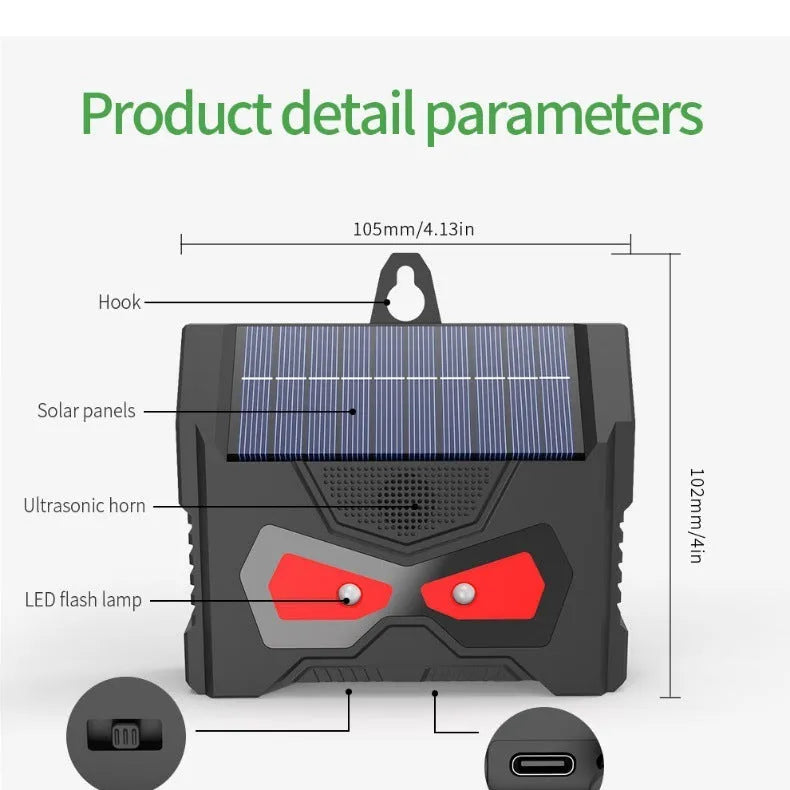 Black outdoor solar ultrasonic animal repeller with animal-themed design