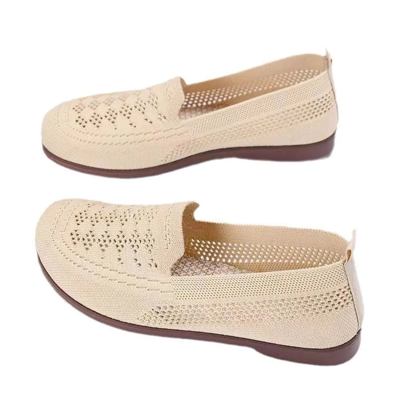 Beige flyknit mesh antiskid trainers for elderly women with wide fit and breathable hollow-out design