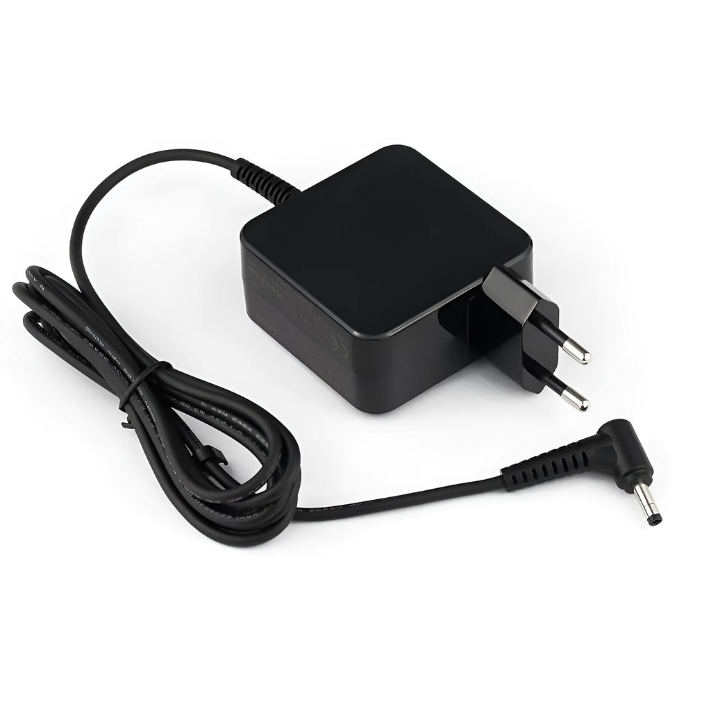 Black Hua 45W laptop adapter with American plug showing EU/US compatibility labels