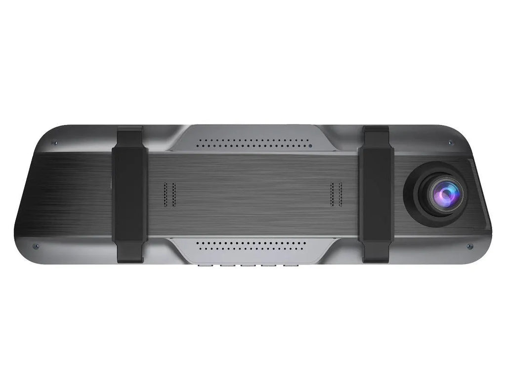 Black rearview mirror driving recorder with 10-inch touch screen display mounted in a car.