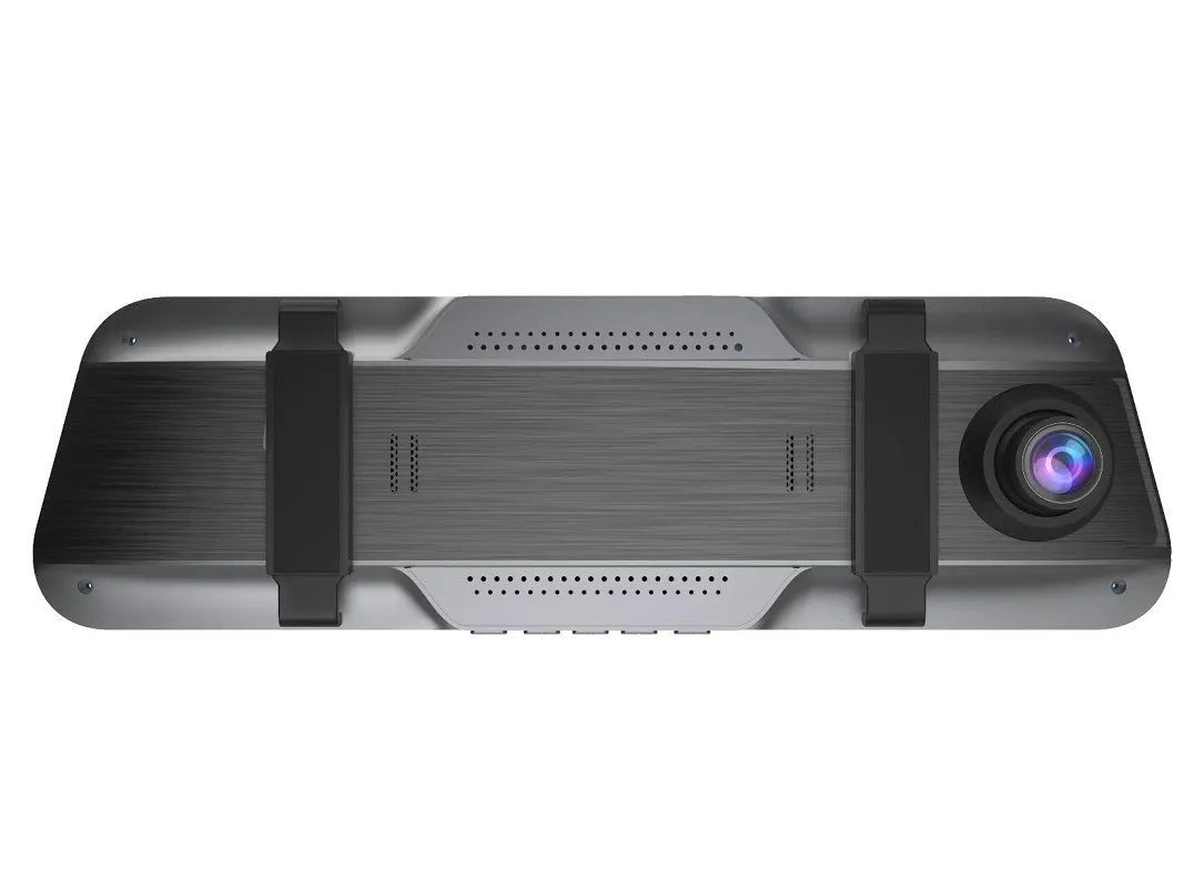 Black rearview mirror driving recorder with 10-inch touch screen display mounted in a car.