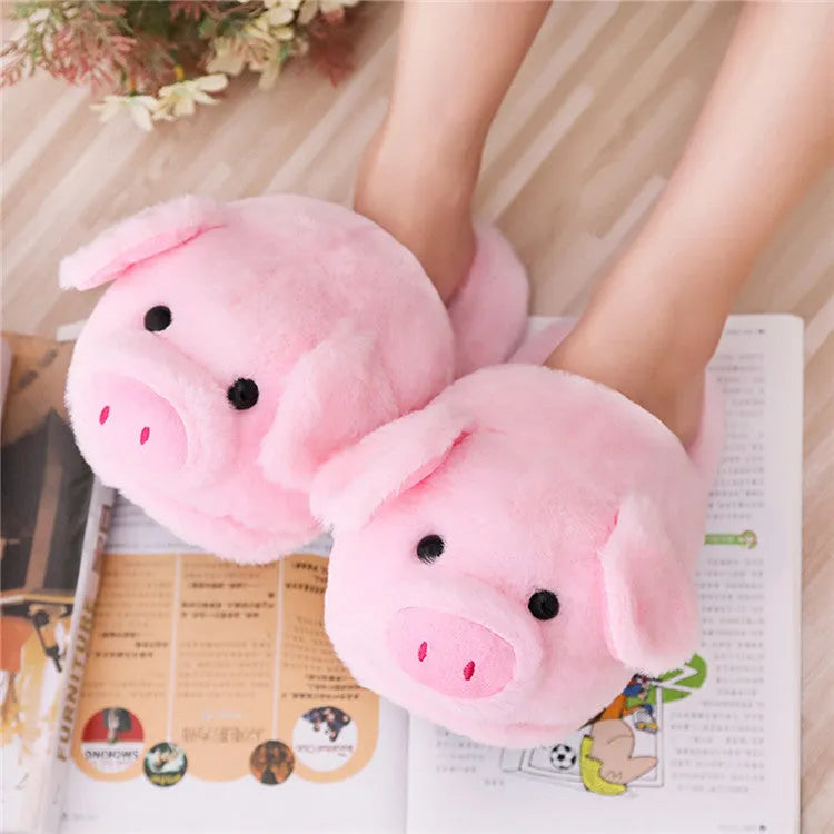 Pink pig floor slippers with short plush fabric and PP cotton filling showing size 36-39 options
