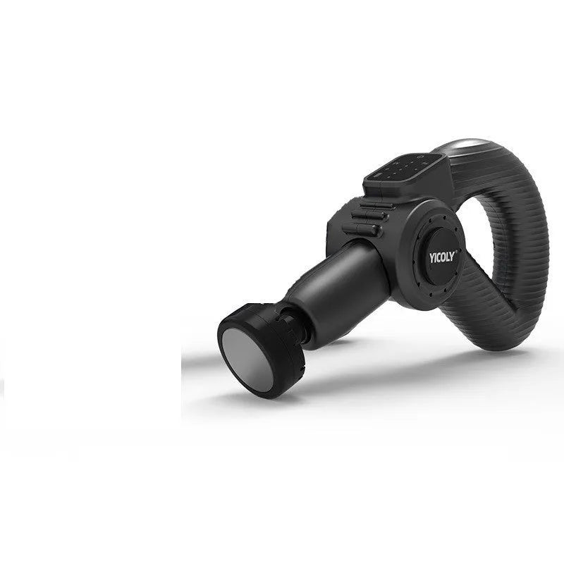 Black smart muscle massage gun with adjustable handle and five different massage heads on a table.