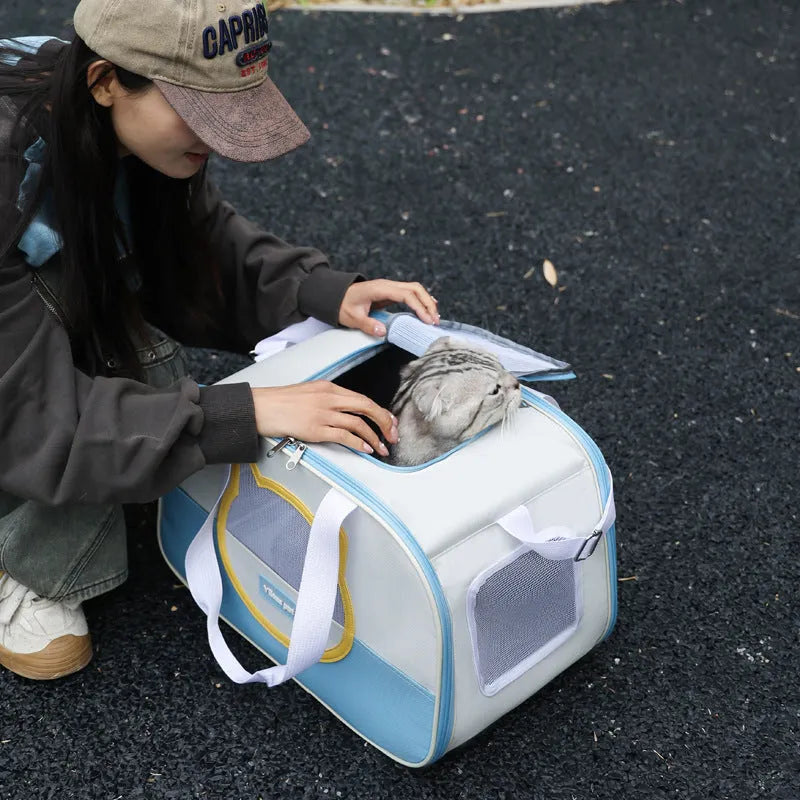 Blue foldable Oxford cloth cat backpack for outdoor use with mesh ventilation panels.