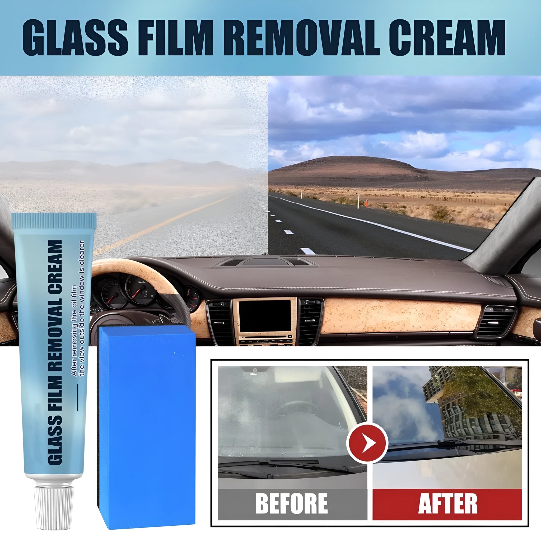 Blue car glass oil film remover tool and soft sponge applicator on a white background.