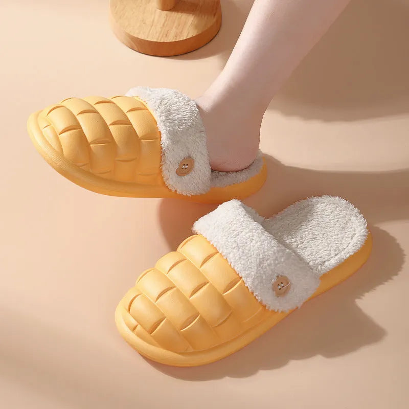 Detachable EVA slippers with plush lining in multiple colours showing round toe and flat heel design