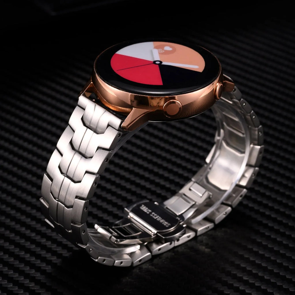 Stainless steel smartwatch band for Samsung Galaxy Watch in silver, black, titanium, blue, and two-tone colour options