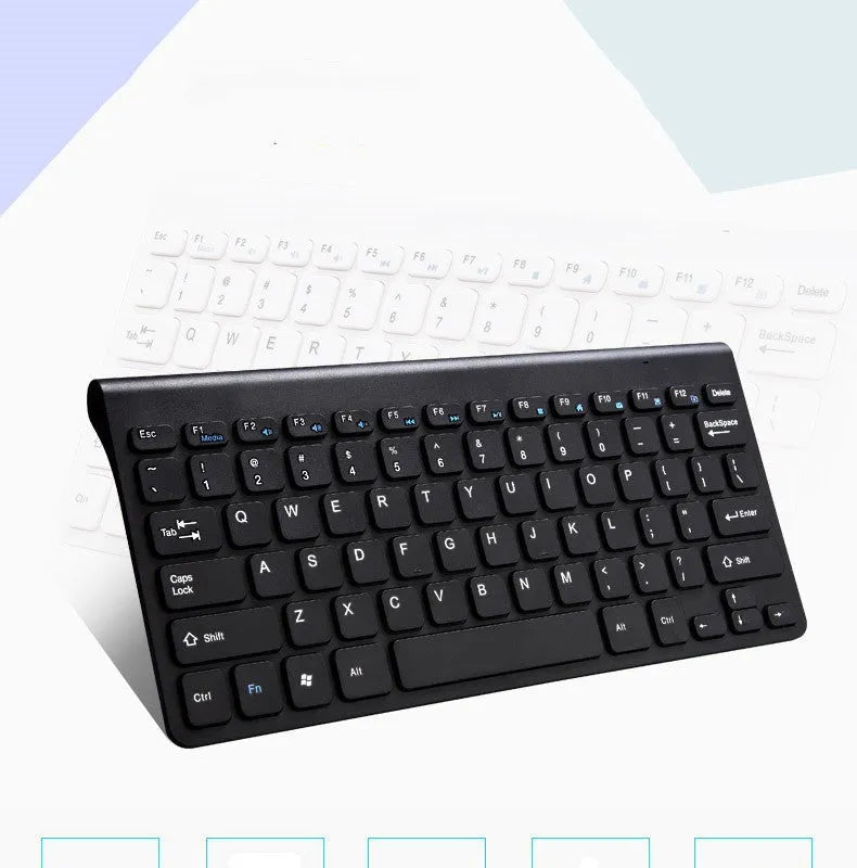 Black and white wireless keyboard and mouse set with 78 keys and 4 buttons showing 10-metre wireless range