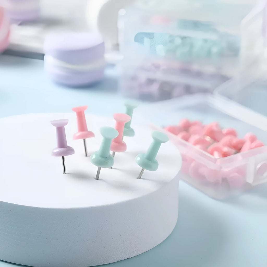 Macaron colour plastic push pins in cherry blossom powder, mint green and lavender in large and small sizes
