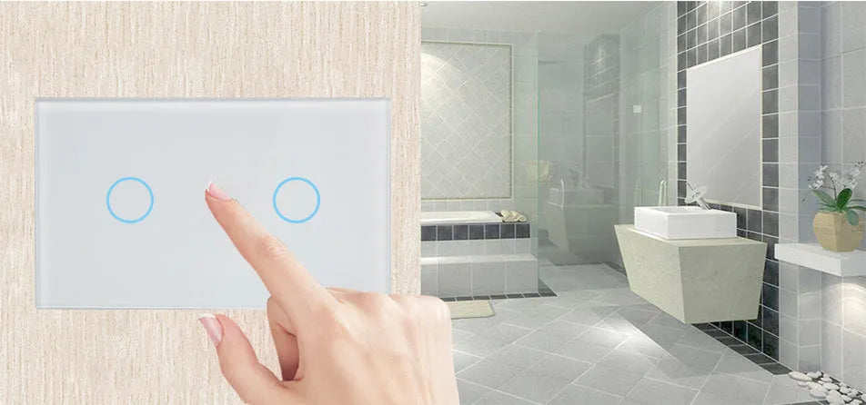 Modern 2-gang tempered glass touch light switch with white finish and blue LED indicator