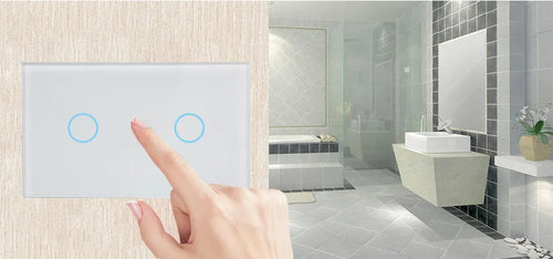 Modern 2-gang tempered glass touch light switch with white finish and blue LED indicator