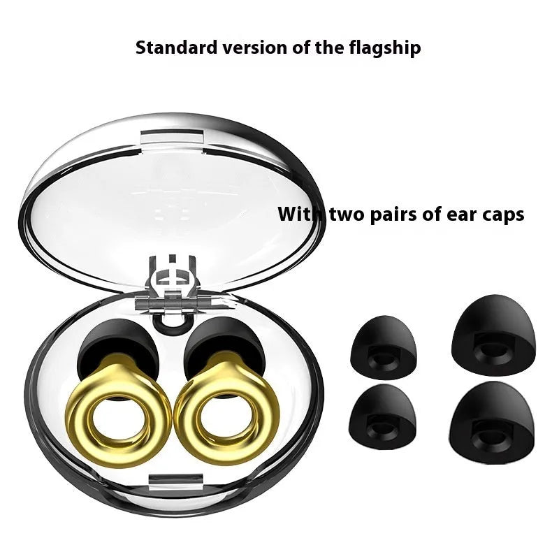 Noise reduction earplugs in five colours with storage box and spare ear caps