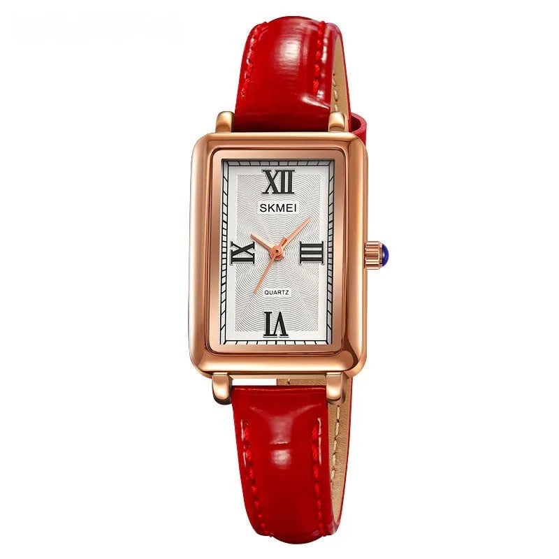 Rectangular retro women's quartz watch rose gold shell case with slim 9mm profile