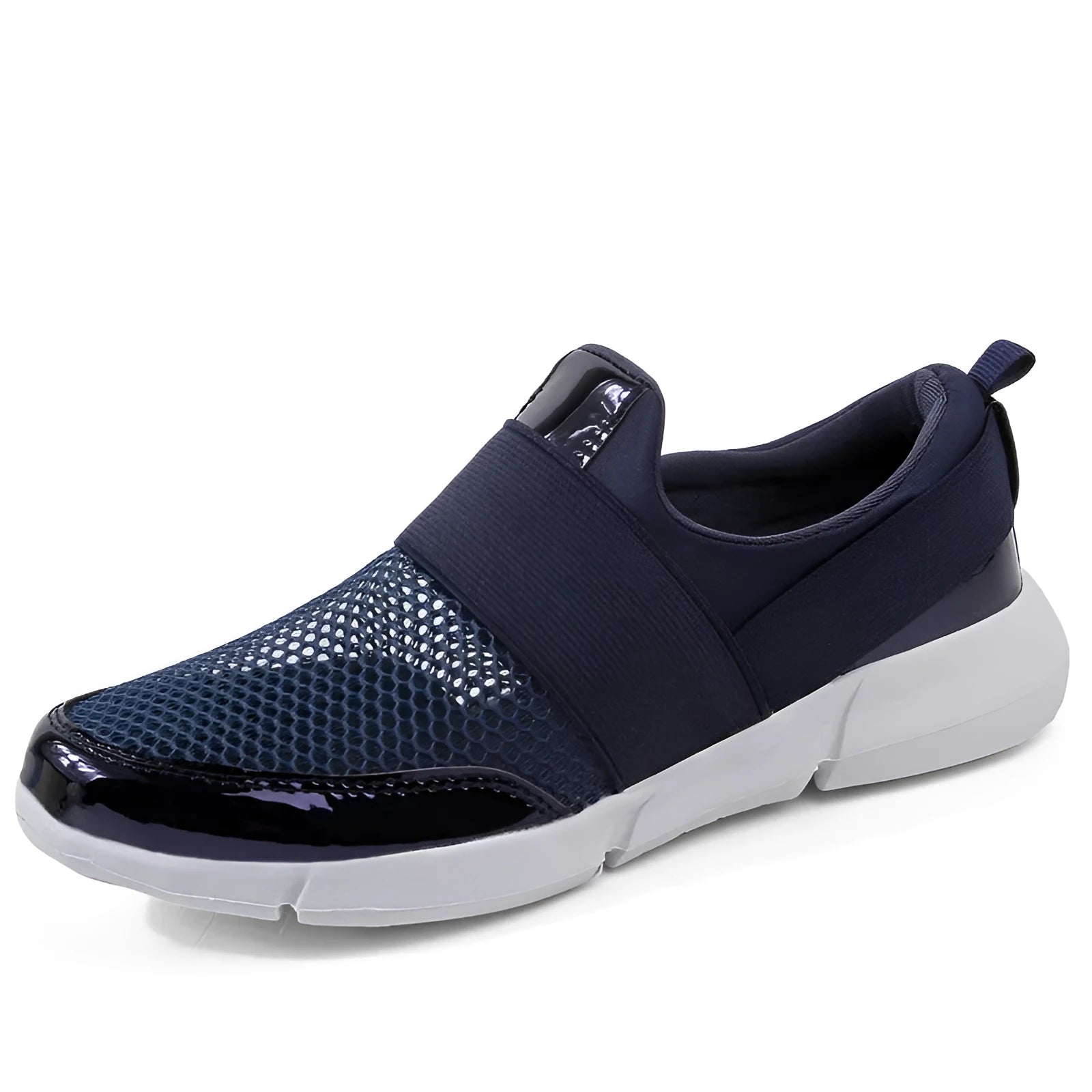 Blue, black, and grey low-top women's sneakers with breathable mesh lining and lightweight PU midsole.