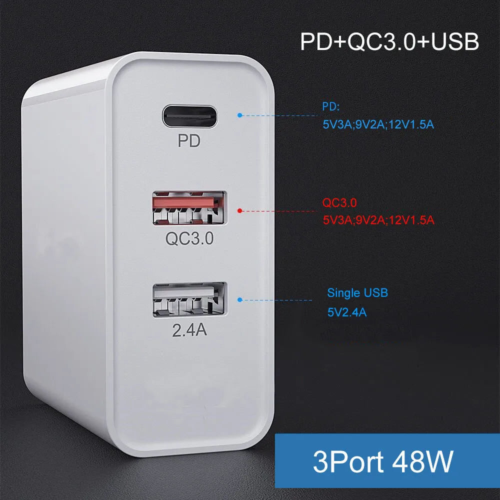 White multi-port fast charger with USB-C and USB-A ports plugged into a wall socket.