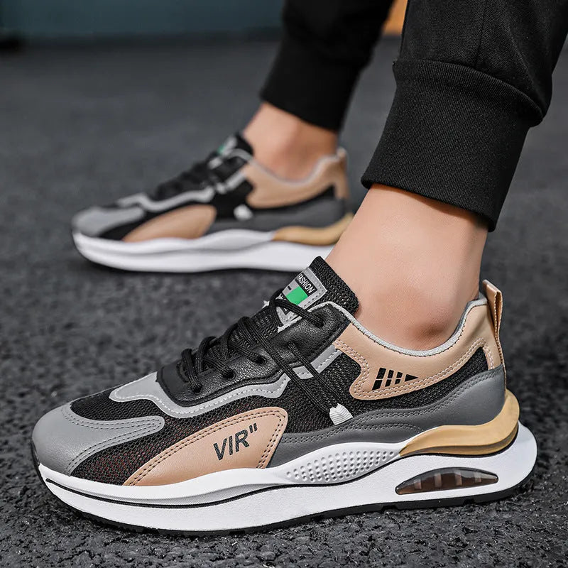 Men's grey breathable mesh casual trainers with a round toe and lightweight EVA sole.