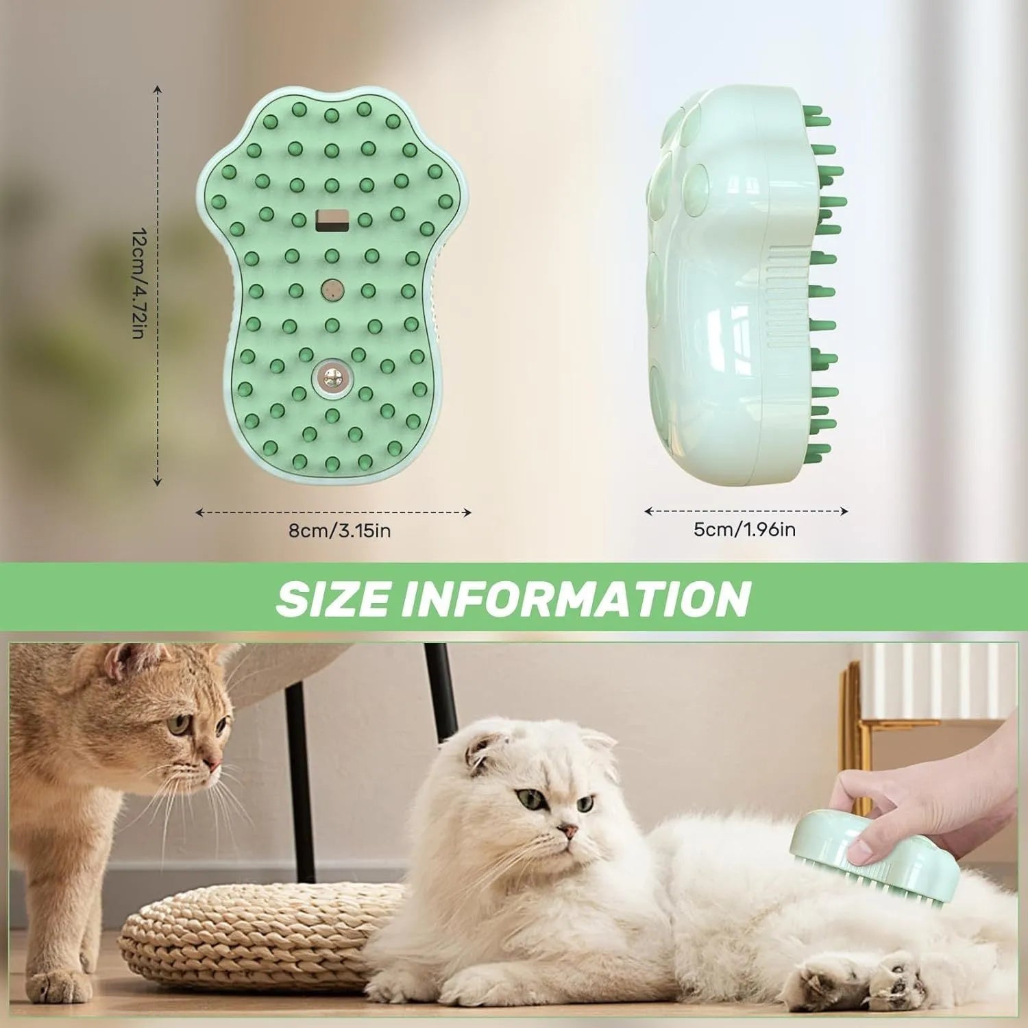 Self-cleaning cat steam brush with blue light, water spray tank, and silicone bristles