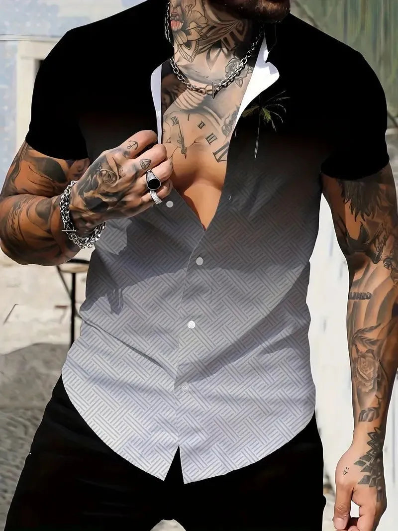 Men's geometric printed short sleeve shirt with lapel collar in slim fit for summer wear