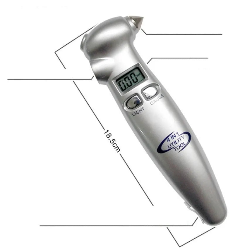 Silver four-in-one digital tire pressure gauge with display, stainless steel hammer, and emergency light on car seat