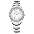 Silver quartz watch with diamond encrusted dial and luminous hands on stainless steel strap