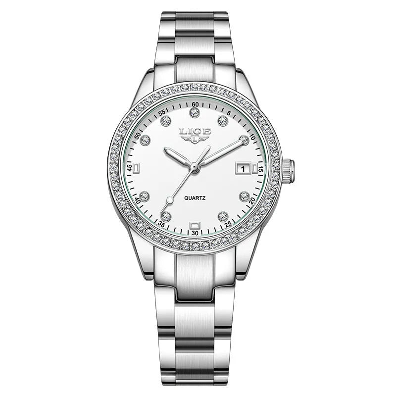 Silver quartz watch with diamond encrusted dial and luminous hands on stainless steel strap