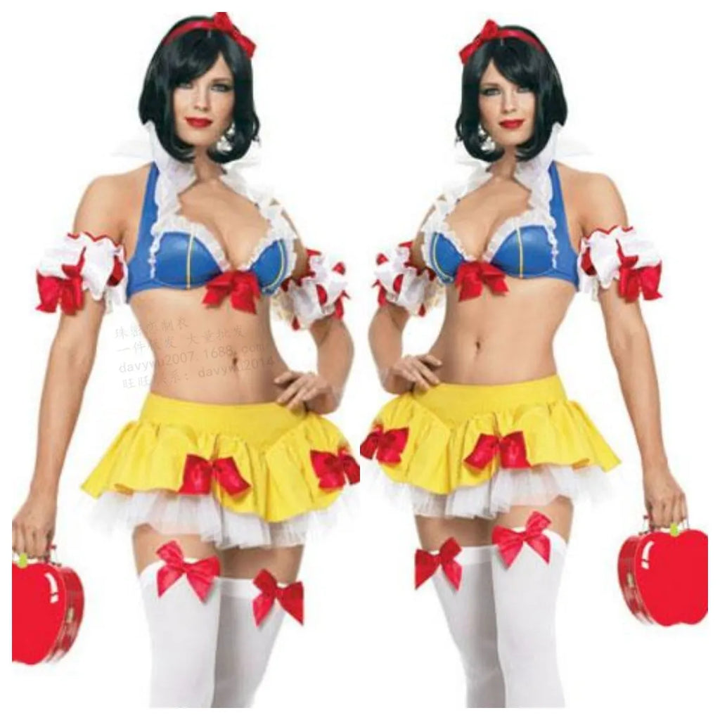 Snow White anime cosplay dress complete set with headdress, top, short skirt, and hand sleeves