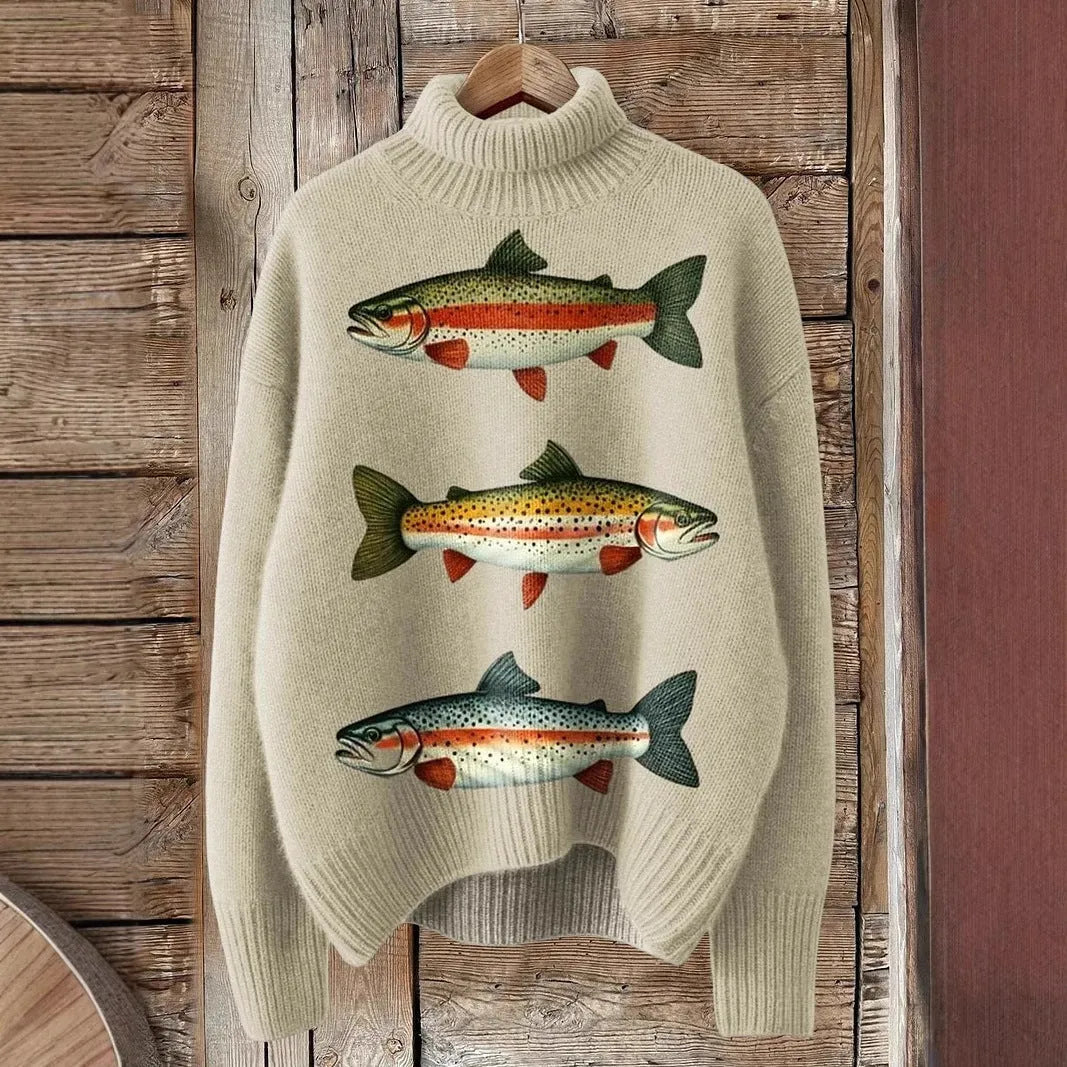 Women's printed turtleneck sweater with painting pattern in macaron colours, loose fit with long sleeves