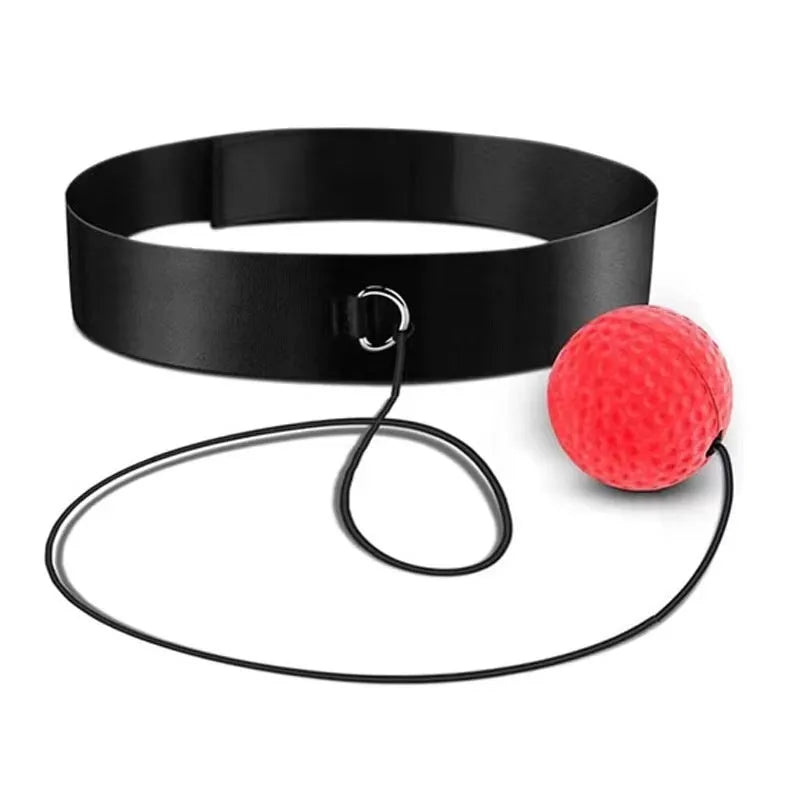 Head-mounted boxing reaction training ball set showing adjustable headbands and red, yellow, and green PU balls.