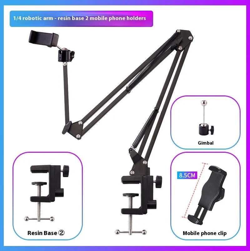 Black foldable metal cantilever bracket holding tablet on desktop with adjustable arm extended