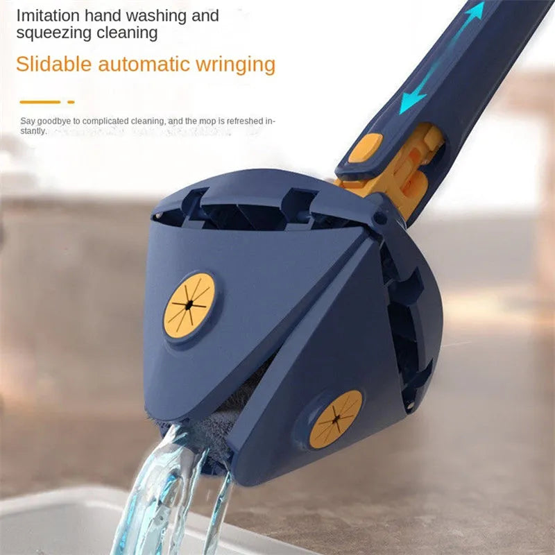 Blue extendable triangle mop with rotating head and microfibre cloth on a tiled floor.