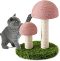Pink mushroom-shaped cat scratching post with natural sisal caps on a sturdy base for small cats.