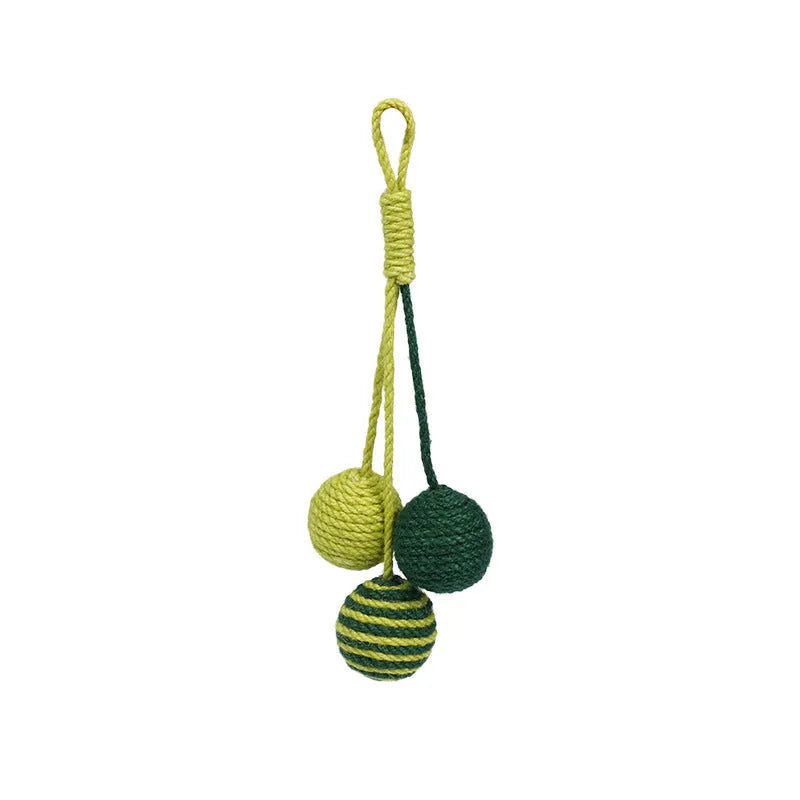 Blue and green cat toy set with a teaser stick and a catnip ball on a white background.
