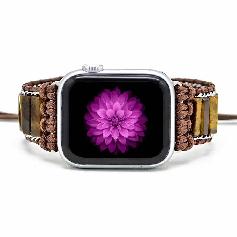 Rectangular tiger eye stone chain on an adjustable textile men's watch strap bracelet