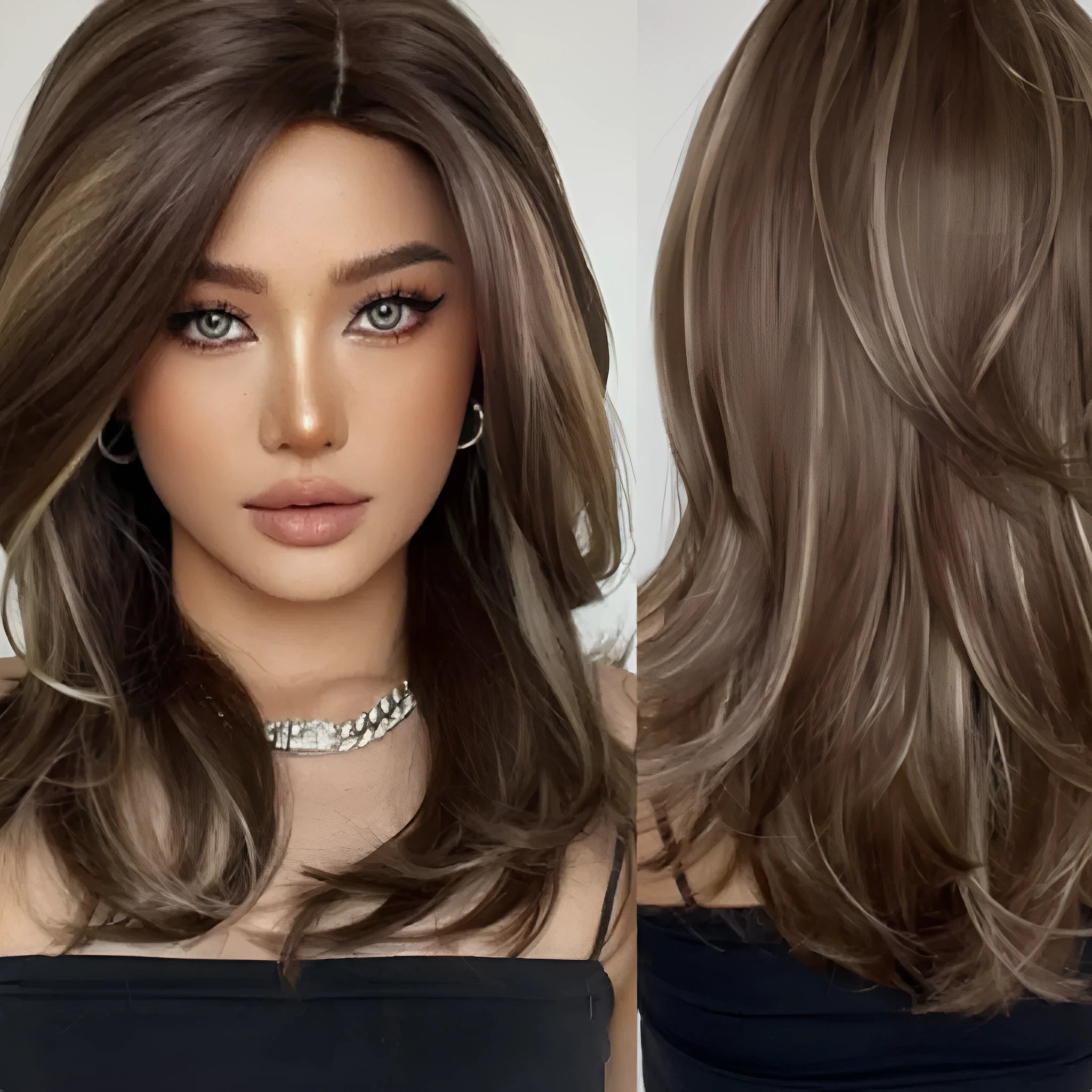 Mid-length curly synthetic wig with gradient colour and long bangs on a wig stand.