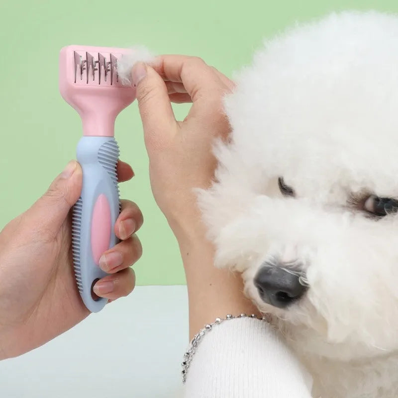 Stainless steel dog grooming comb with brush, knot knife and massage function in pink or purple